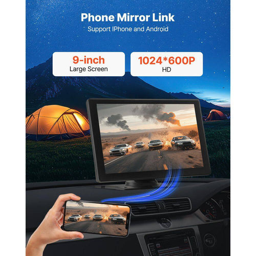 Wireless Car Stereo, 9-In. HD Portable Screen Compatible with Carplay, Android Auto, Camera, Voice Control, Bluetooth
