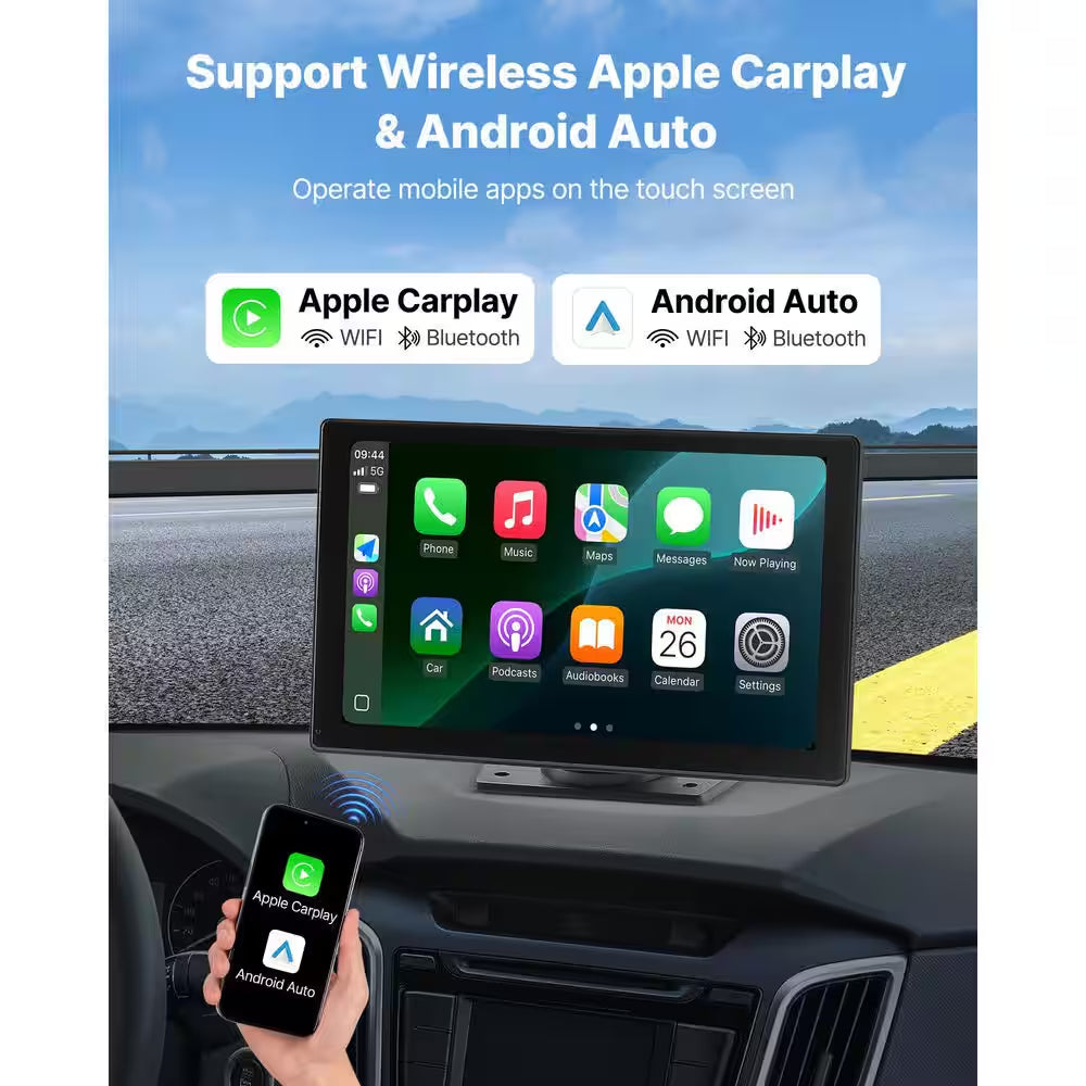 Wireless Car Stereo, 9-In. HD Portable Screen Compatible with Carplay, Android Auto, Camera, Voice Control, Bluetooth