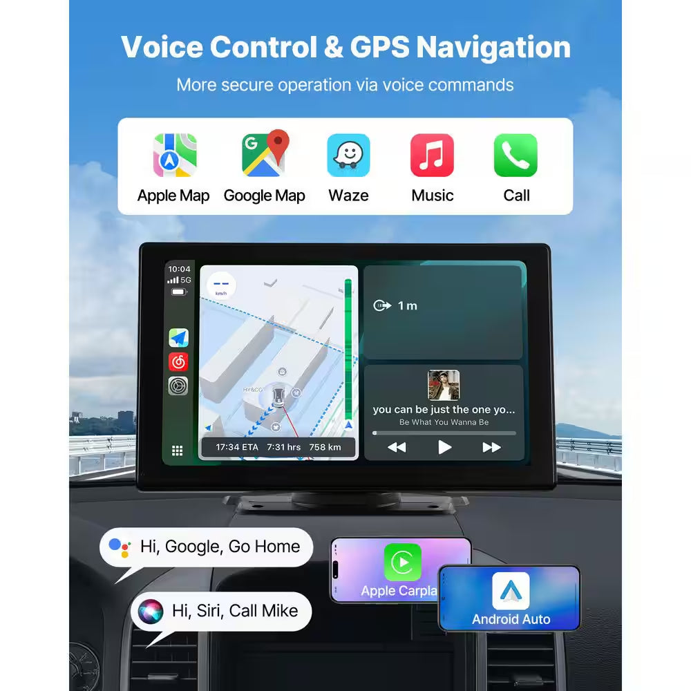 Wireless Car Stereo, 9-In. HD Portable Screen Compatible with Carplay, Android Auto, Camera, Voice Control, Bluetooth